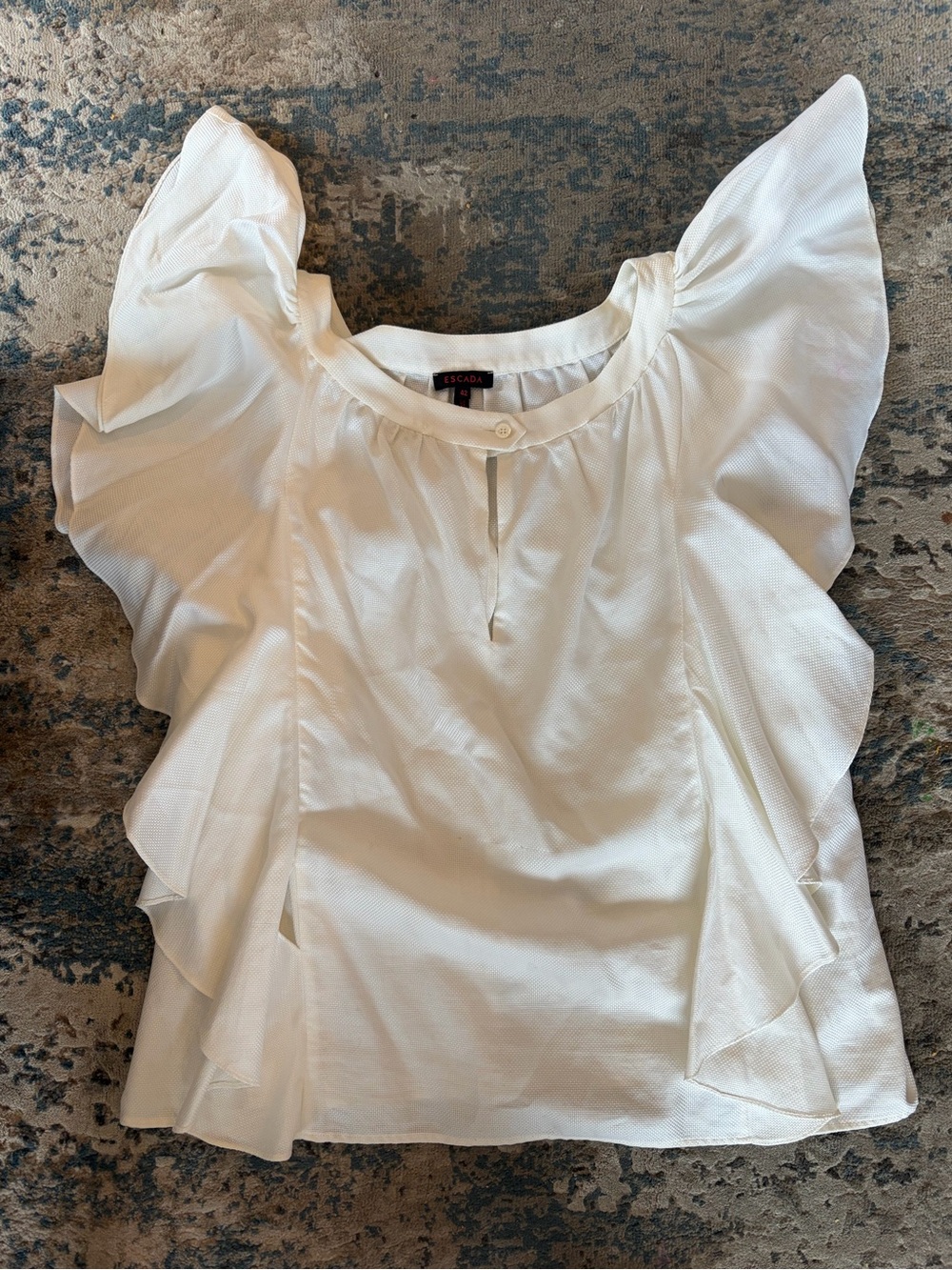 Escada White Statement Ruffle Sleeve Keyhole Top